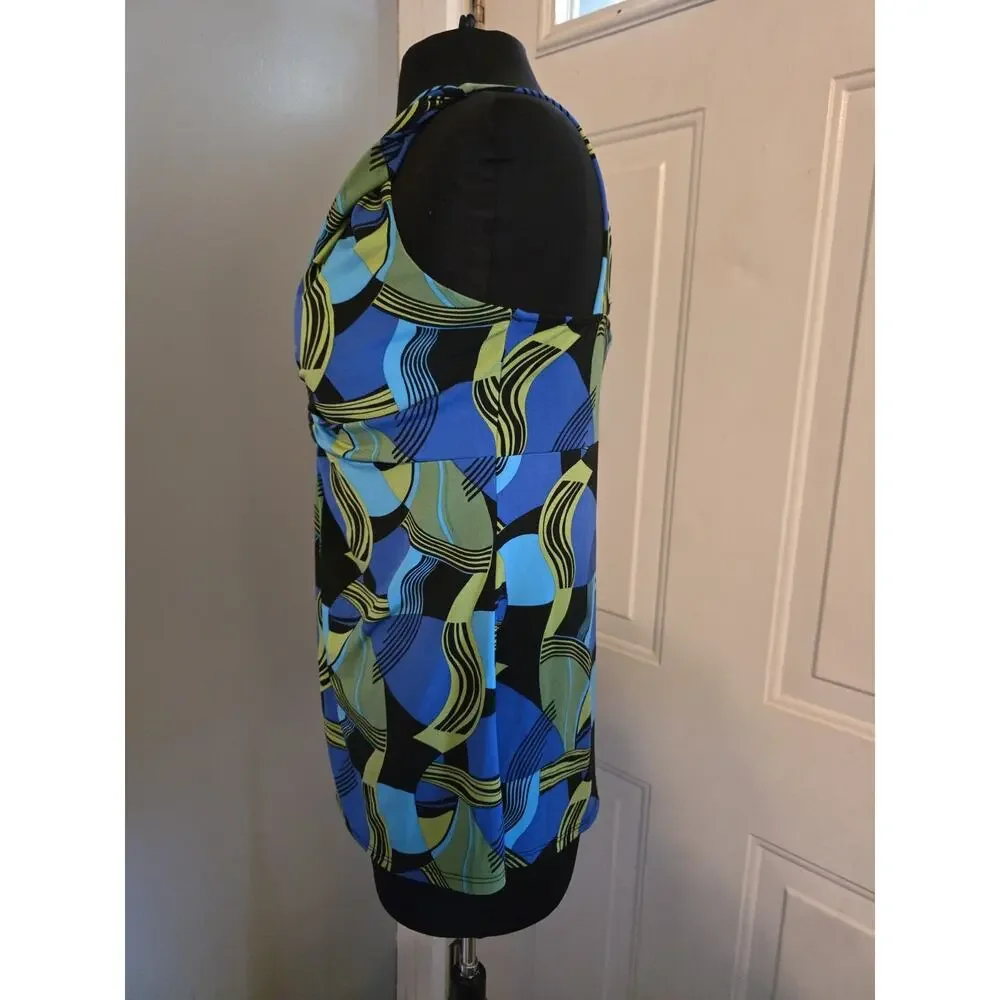 Vtg Bisou Bisou Y2k Baby Doll Tank Jeweled Medallion Abstract Print Blue Black L